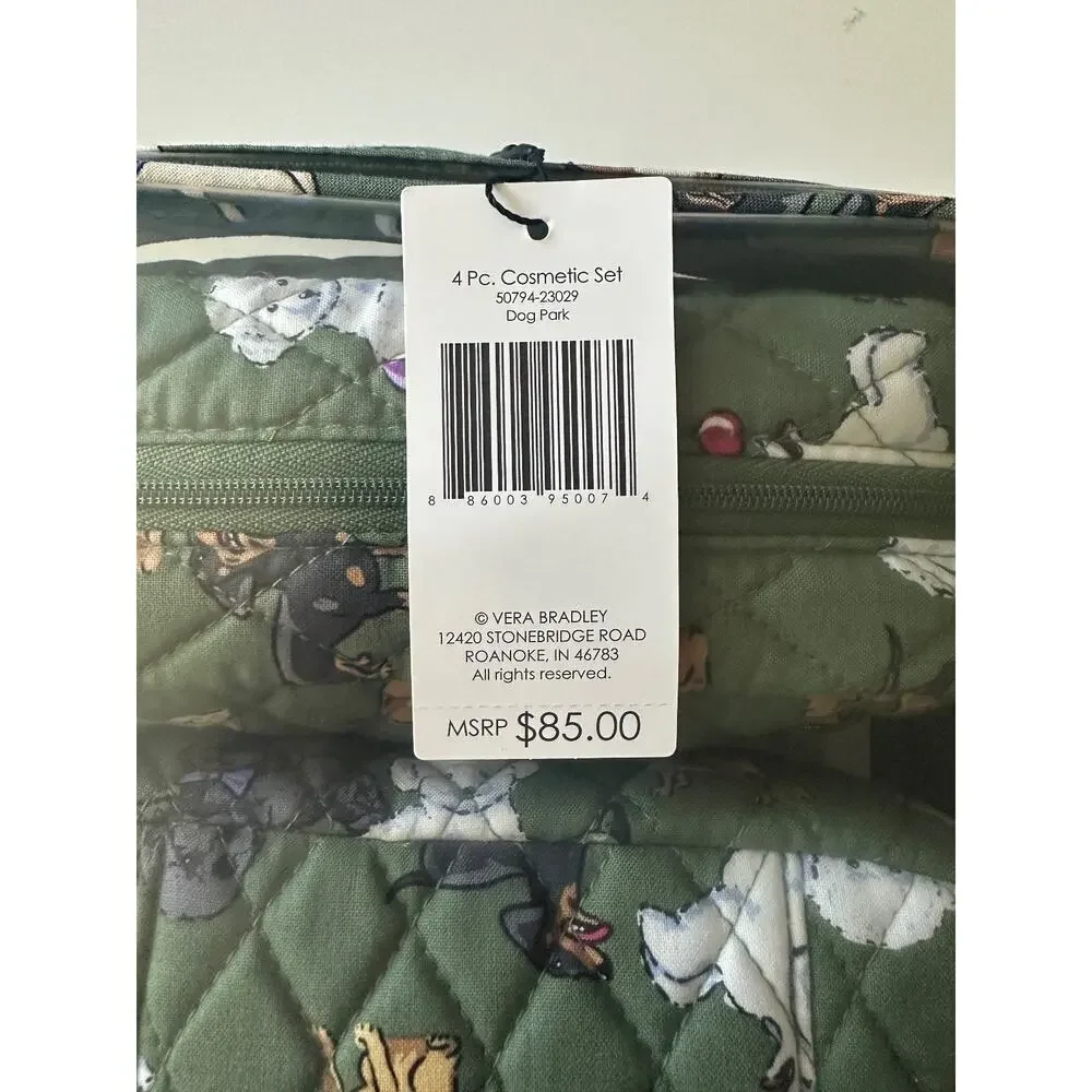 New Vera Bradley DOG PARK 4 Piece Cosmetic Organizer Set Green Quilted